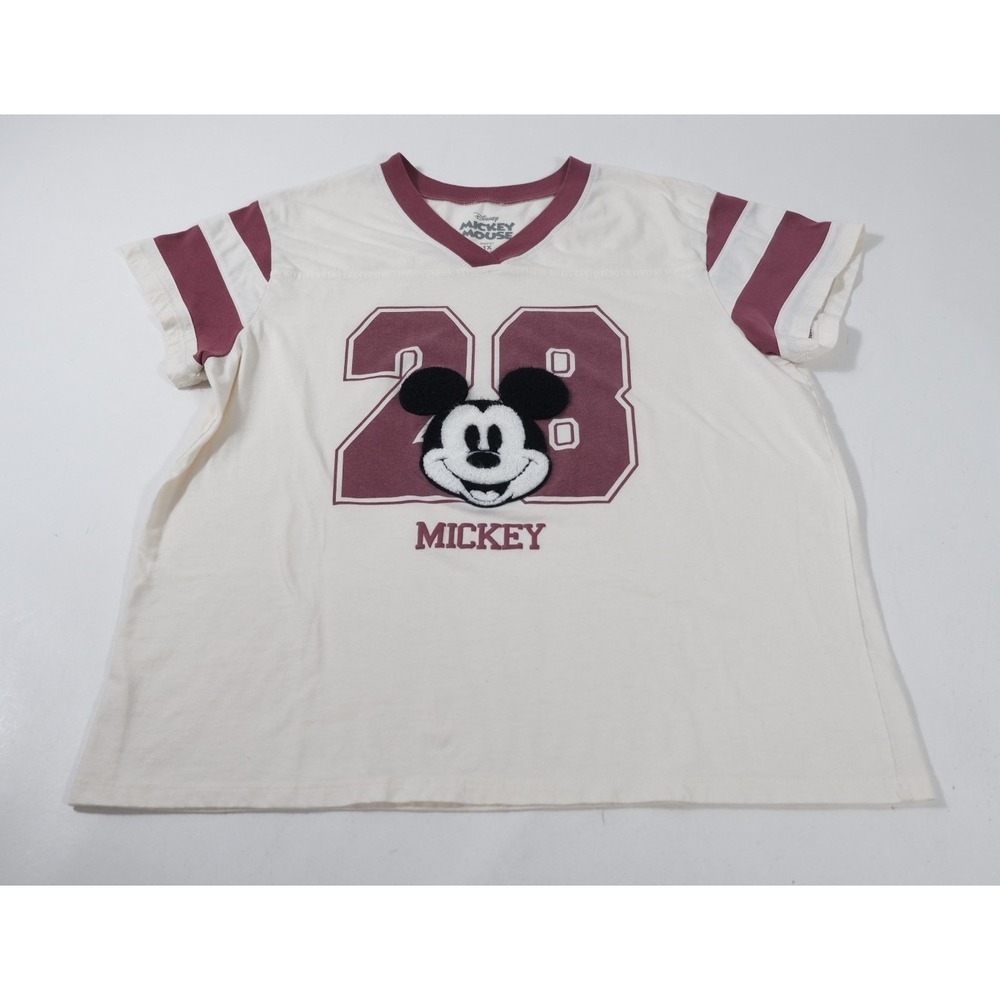 Disney Mickey Mouse Shirt Womens 1X White V-Neck Football Jersey Graphic Tee 28